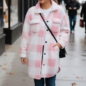 Women's Winter Button Down Lapel Warm Oversized Fleece Long Flannel Plaid